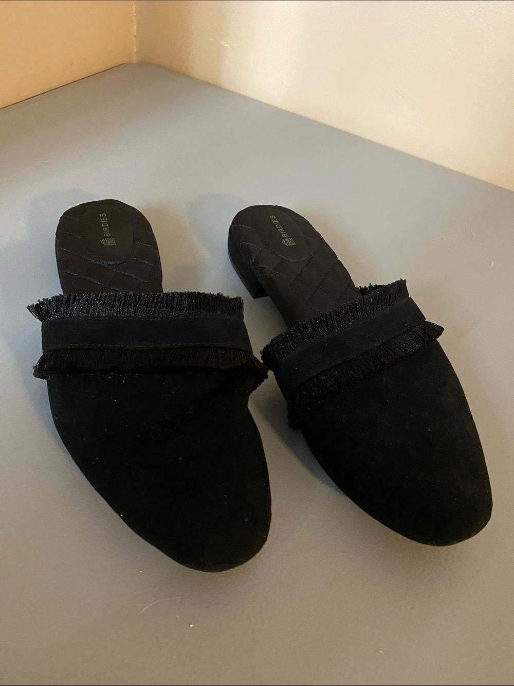 Birdies The Ani Black Fringe Slip-On Mules Quilted Insole Comfort Size 10
